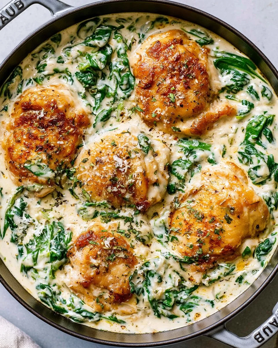 Delicious Chicken Florentine served with spinach and creamy sauce