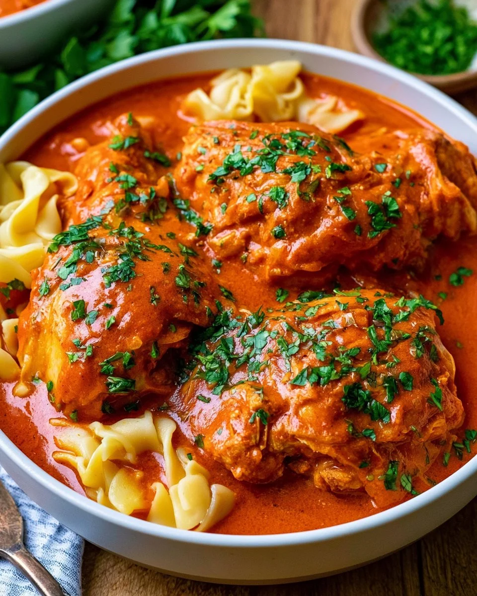 Delicious Chicken Paprikash served with paprika sauce and fresh herbs