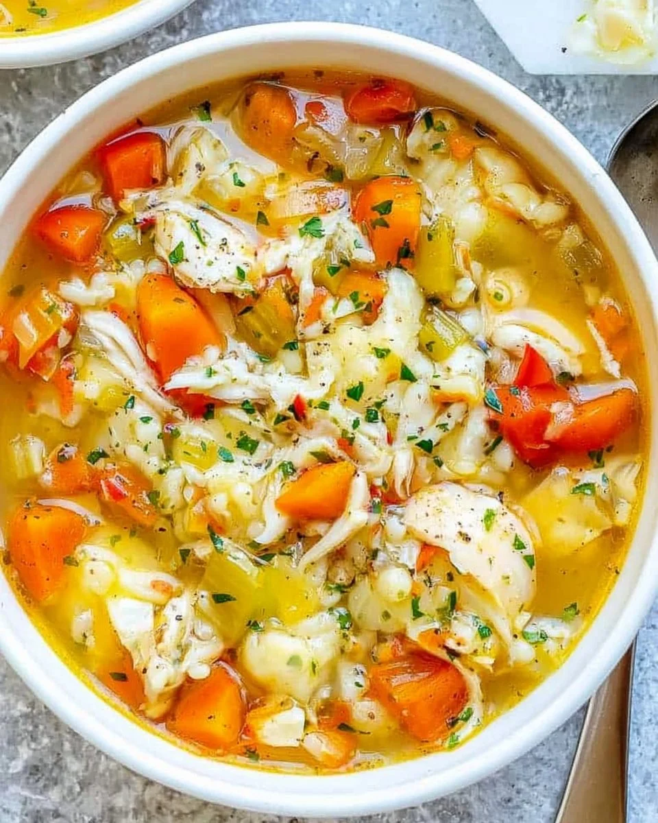 Bowl of Chicken Pastina Soup garnished with herbs and vegetables
