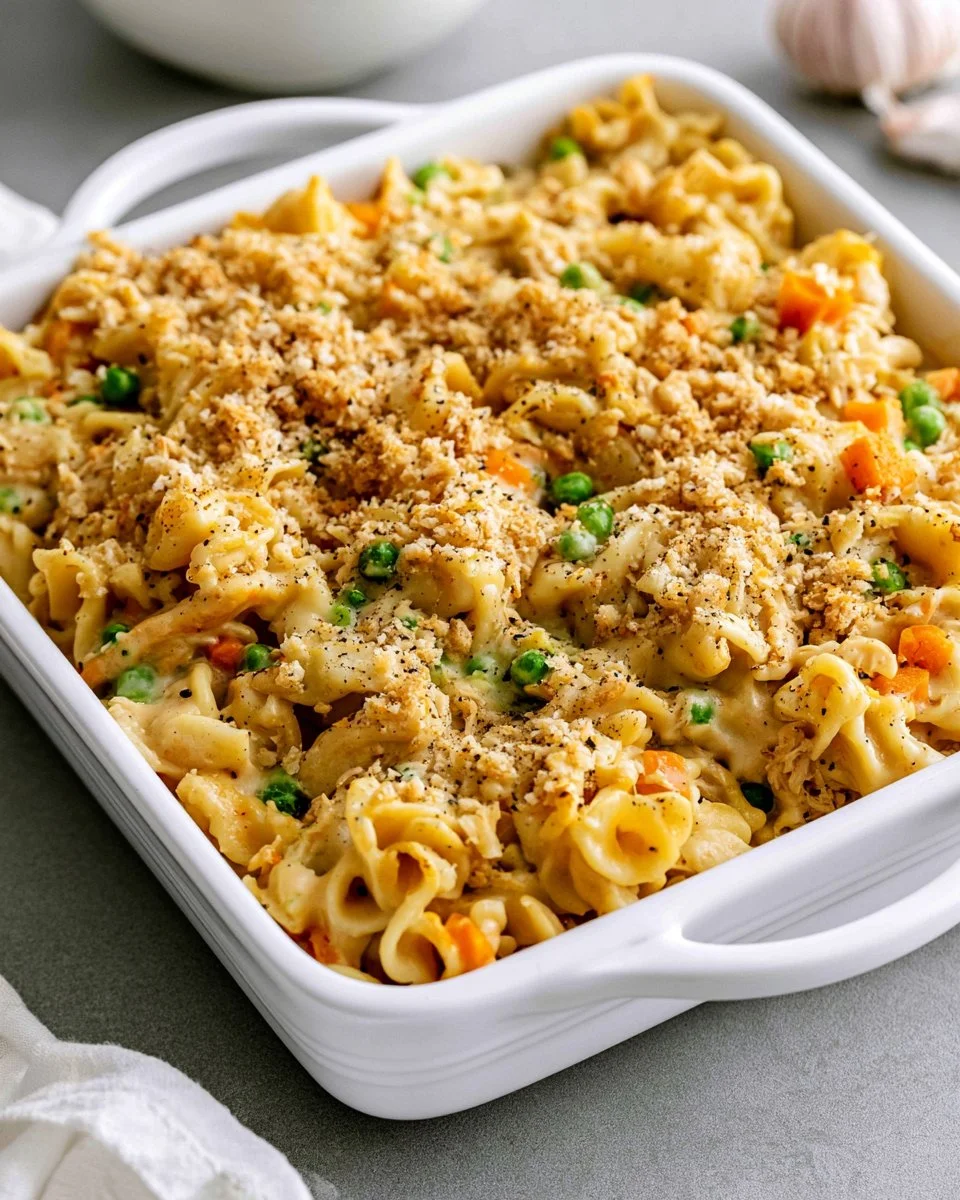 Delicious Chicken Pot Pie Casserole topped with golden flaky crust