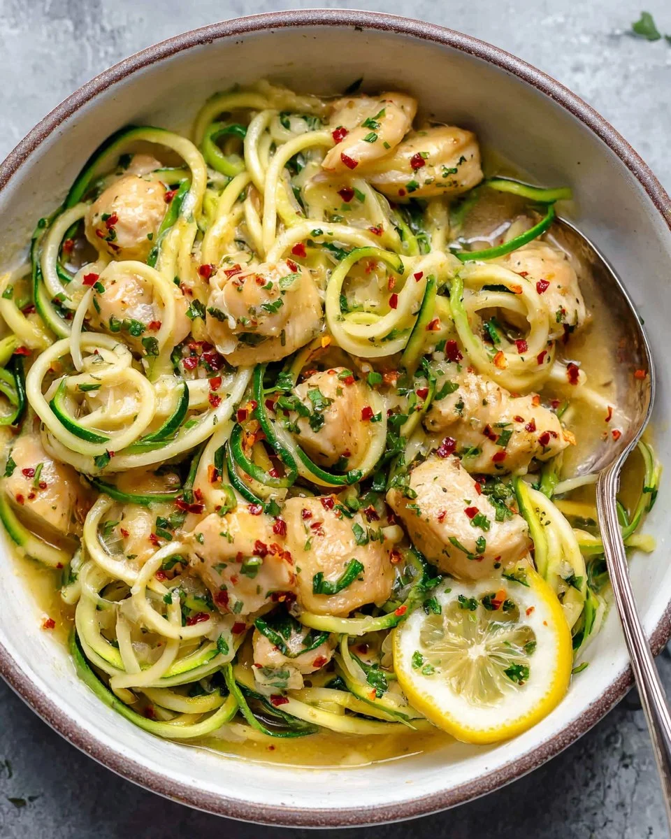 Delicious dish of Chicken Scampi served with zucchini noodles