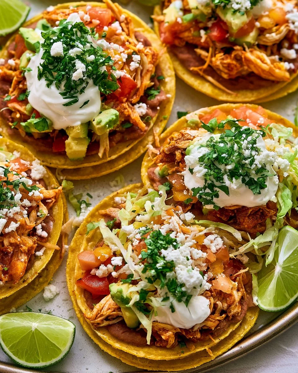 Savory Chicken Tinga Toasts topped with fresh ingredients and spices.