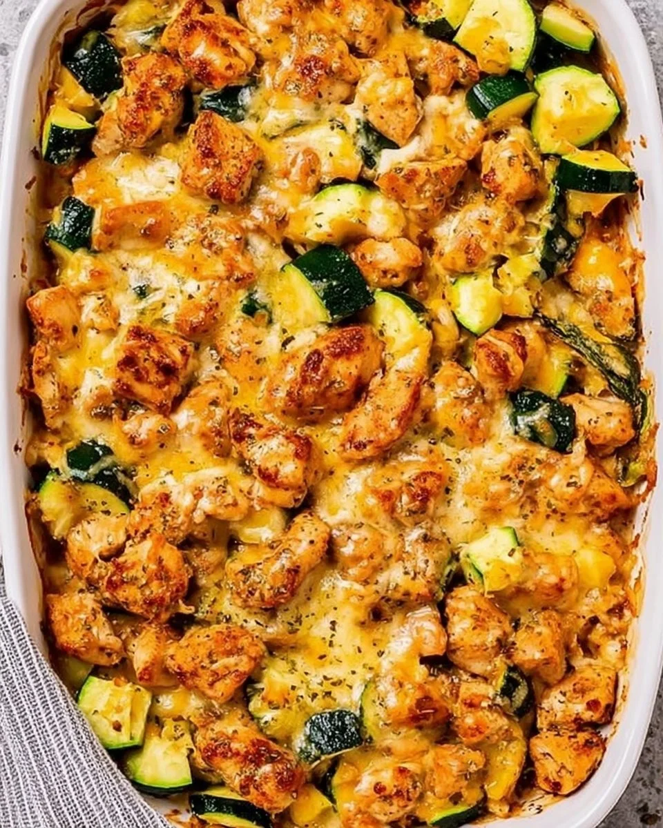 Baked Chicken Zucchini dish garnished with herbs in a baking dish