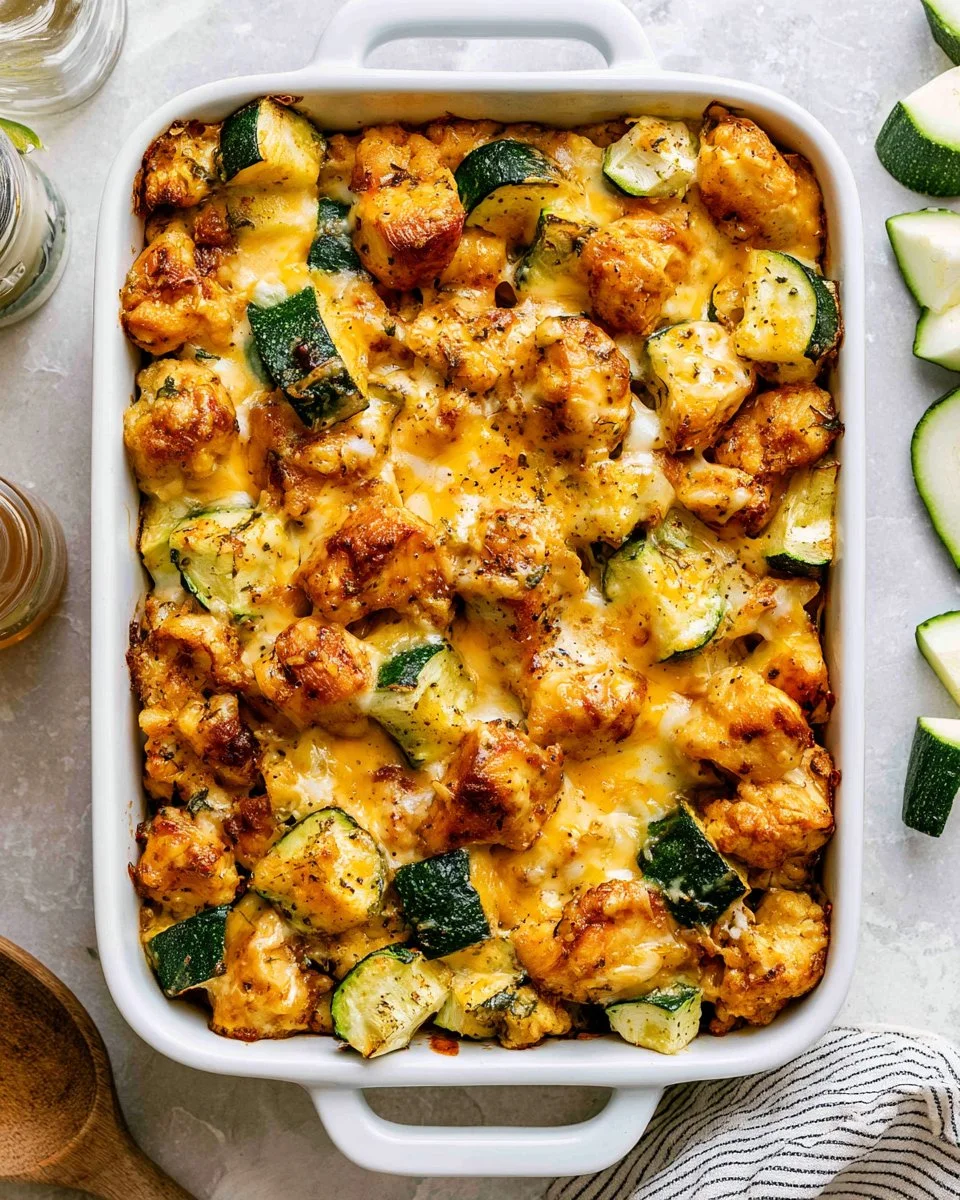 Delicious Chicken Zucchini Bake with melted cheese and fresh vegetables.
