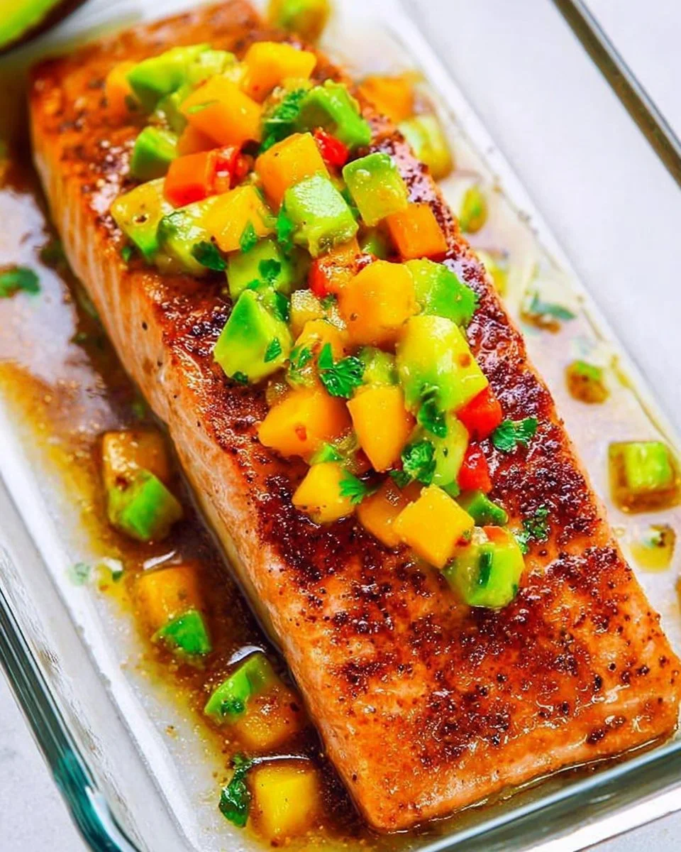 Grilled Chile Lime Salmon with refreshing mango avocado salsa served on a plate.