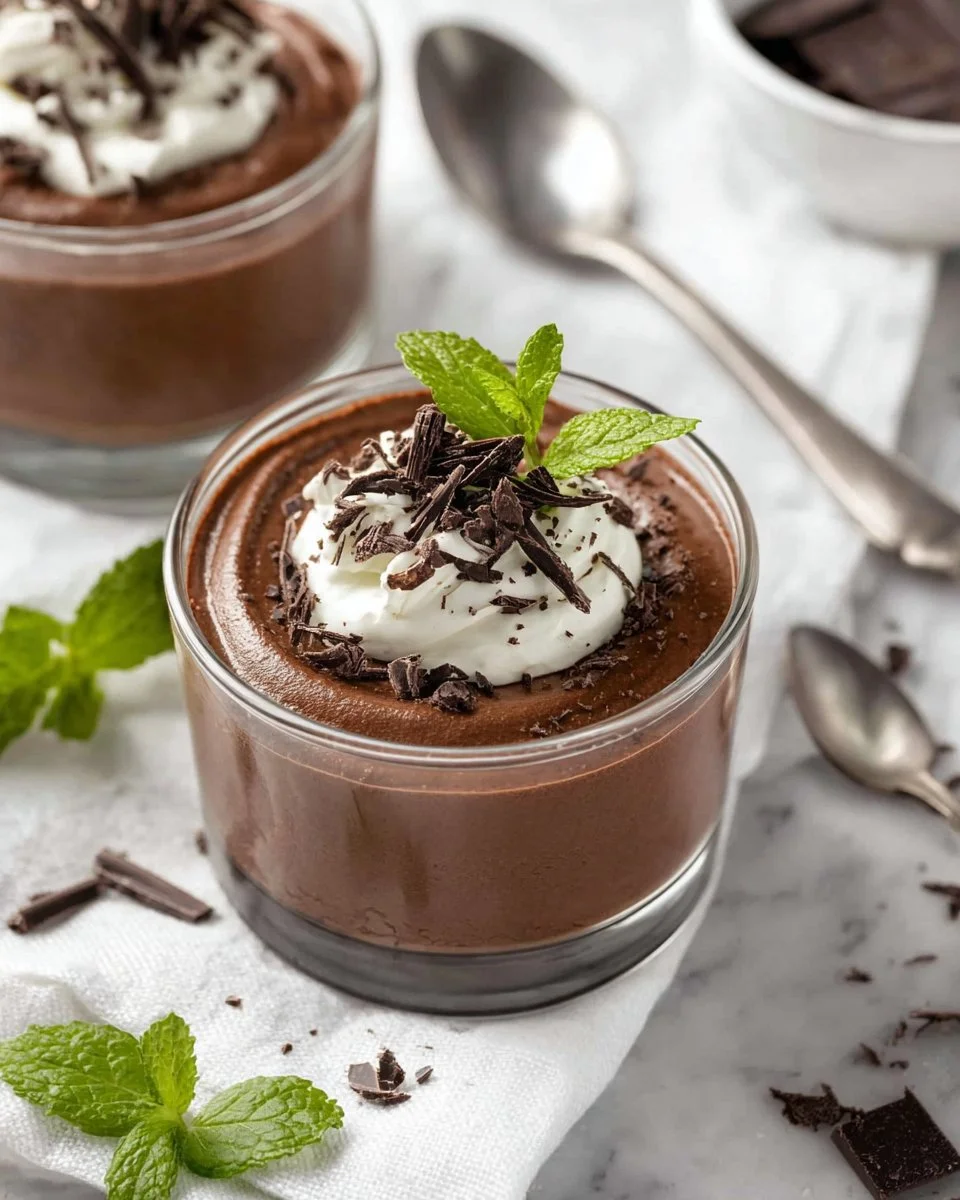 A bowl of creamy chocolate avocado pudding topped with berries.