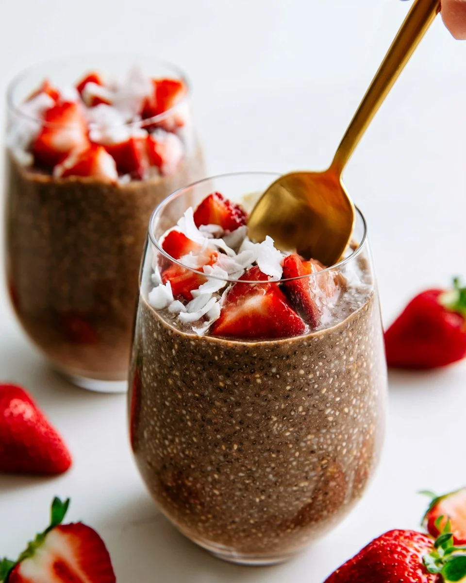 Delicious and healthy chocolate chia pudding in a glass, topped with berries