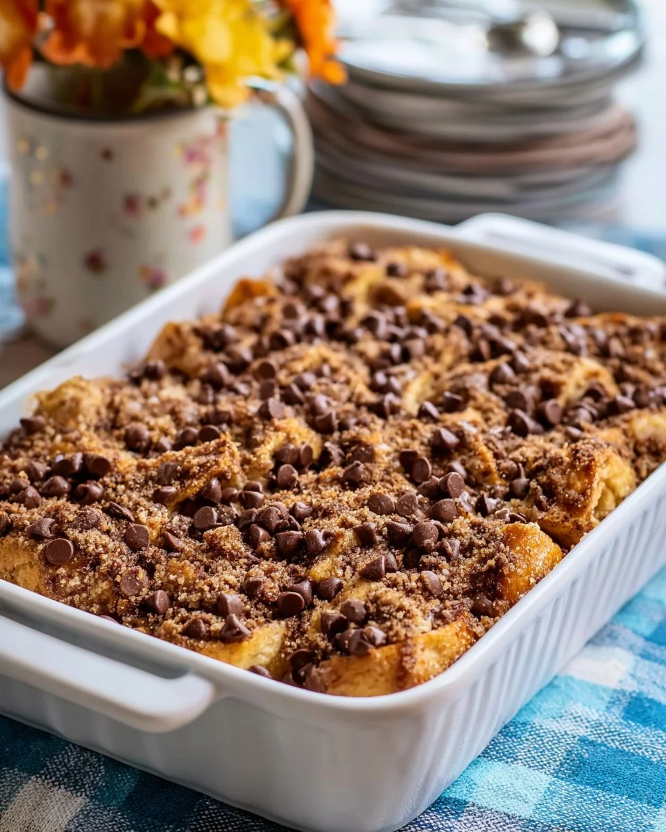 Delicious chocolate chip pancake casserole served in a baking dish.