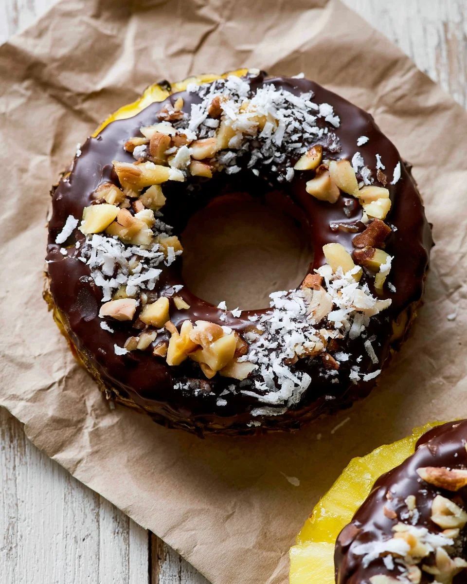 Delicious chocolate covered pineapple rings drizzled with melted chocolate.