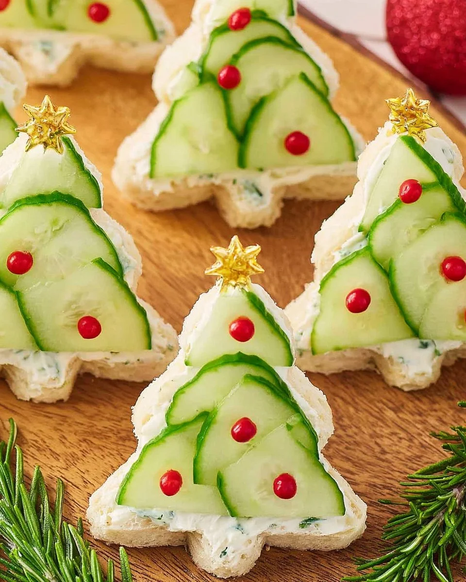 Christmas Tree Cucumber Sandwiches served on a festive platter.
