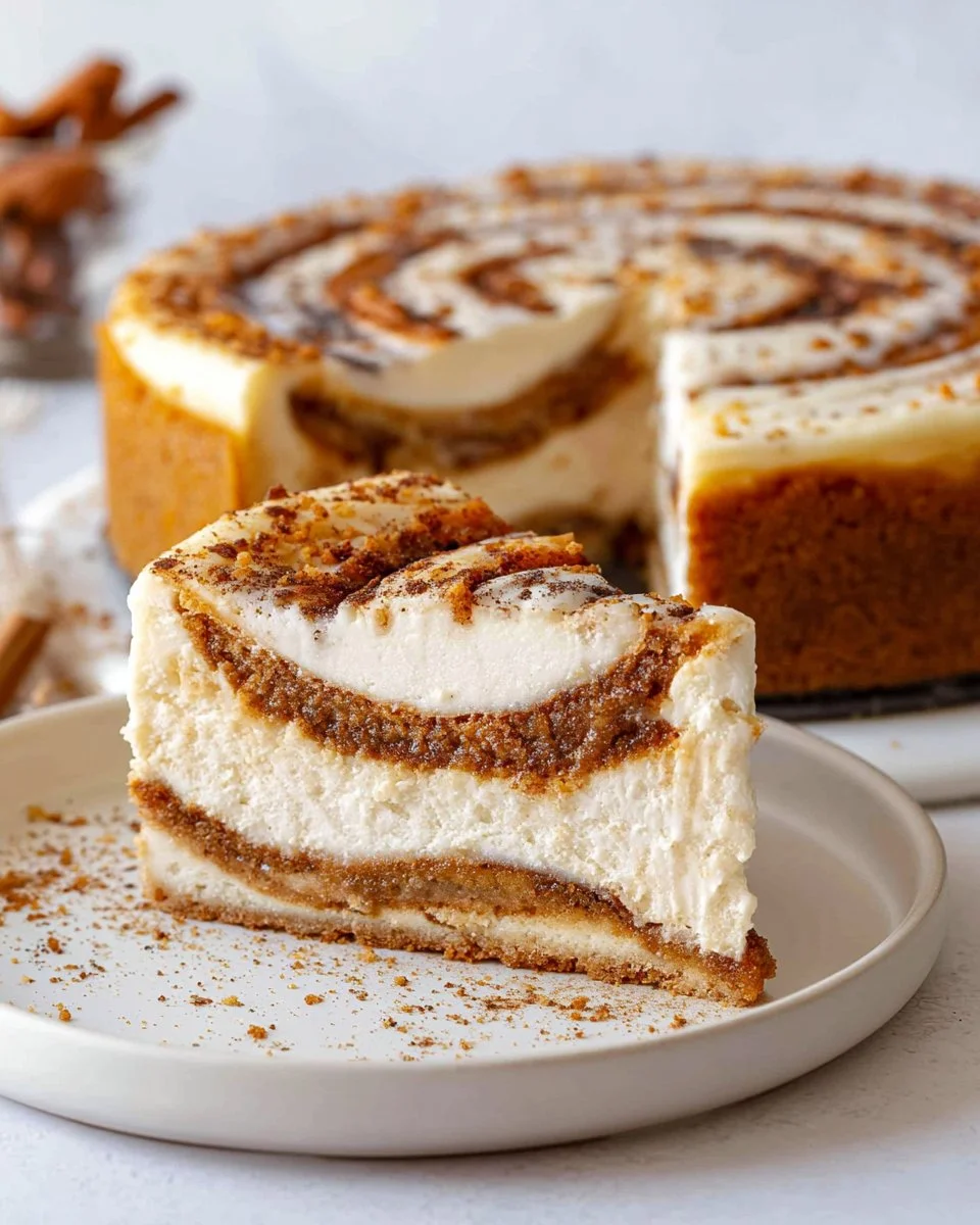 Delicious Cinnamon Roll Cheesecake topped with swirls of cinnamon and cream cheese