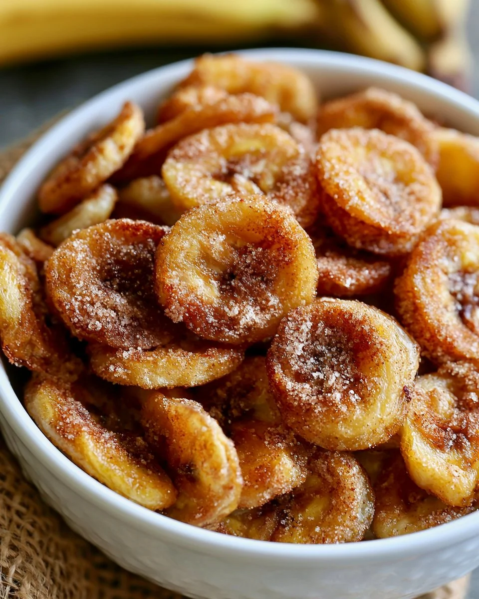 Crispy cinnamon-sugar air fryer banana chips served in a bowl