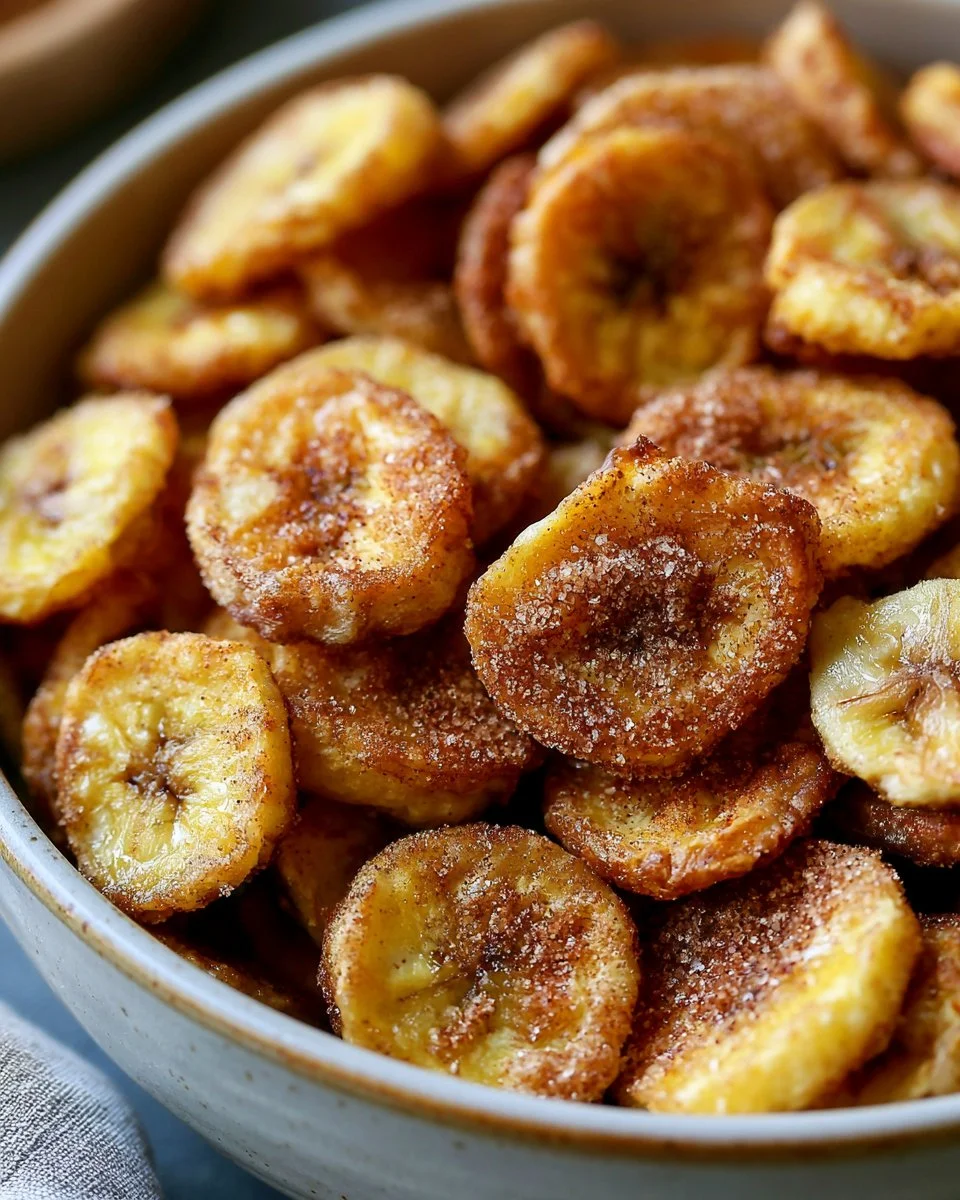 Cinnamon-sugar air fryer banana chips in a bowl