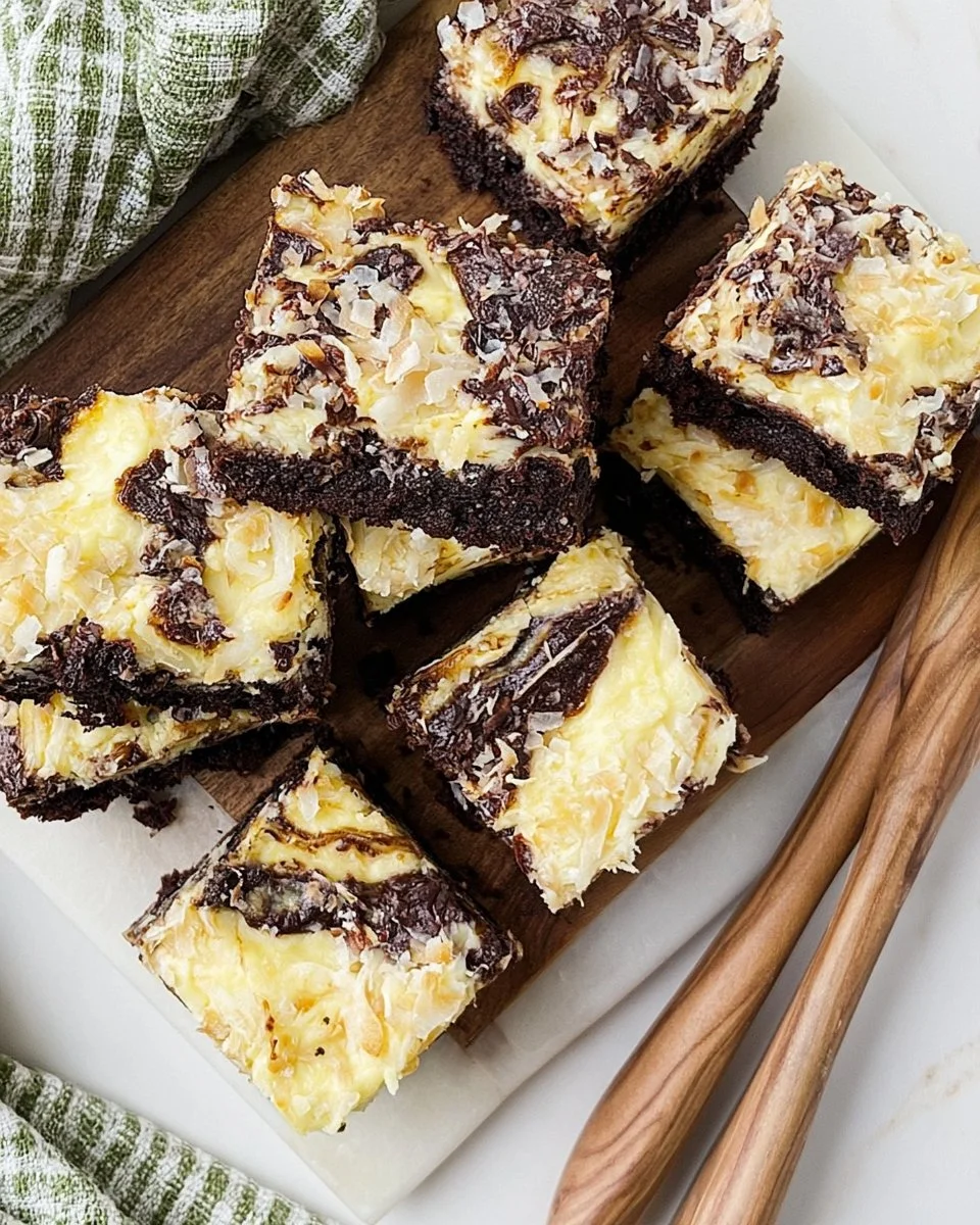 Delicious Coconut Cream Cheese Brownies topped with coconut flakes