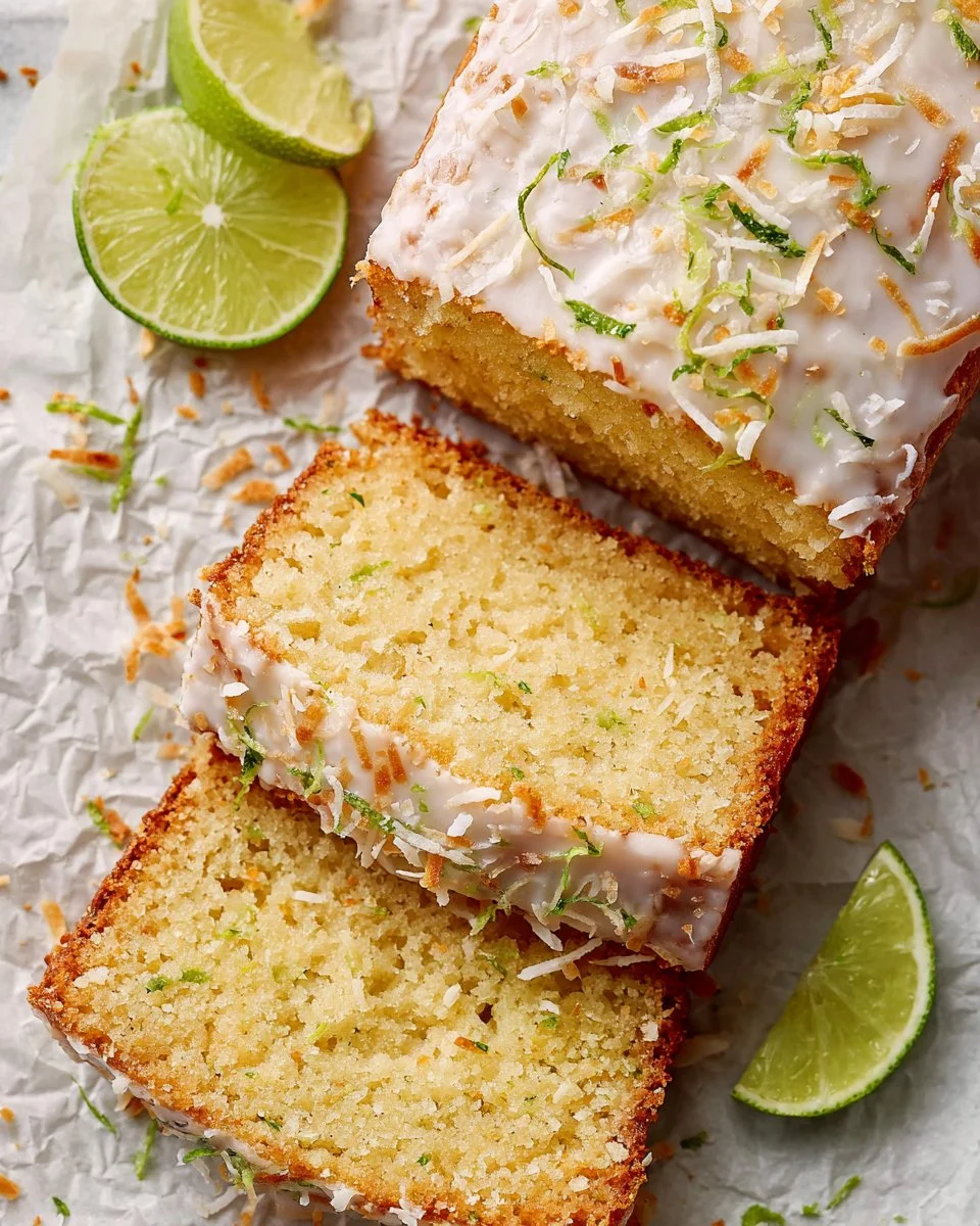 Delicious Coconut Lime Loaf Cake topped with fresh lime slices and coconut flakes