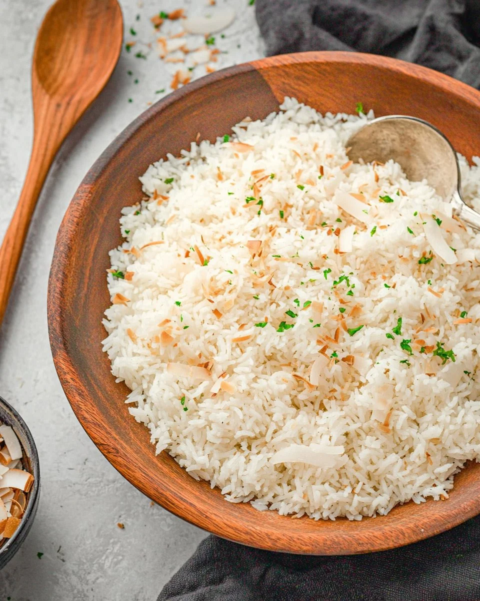 Delicious coconut rice served in a bowl with fresh herbs