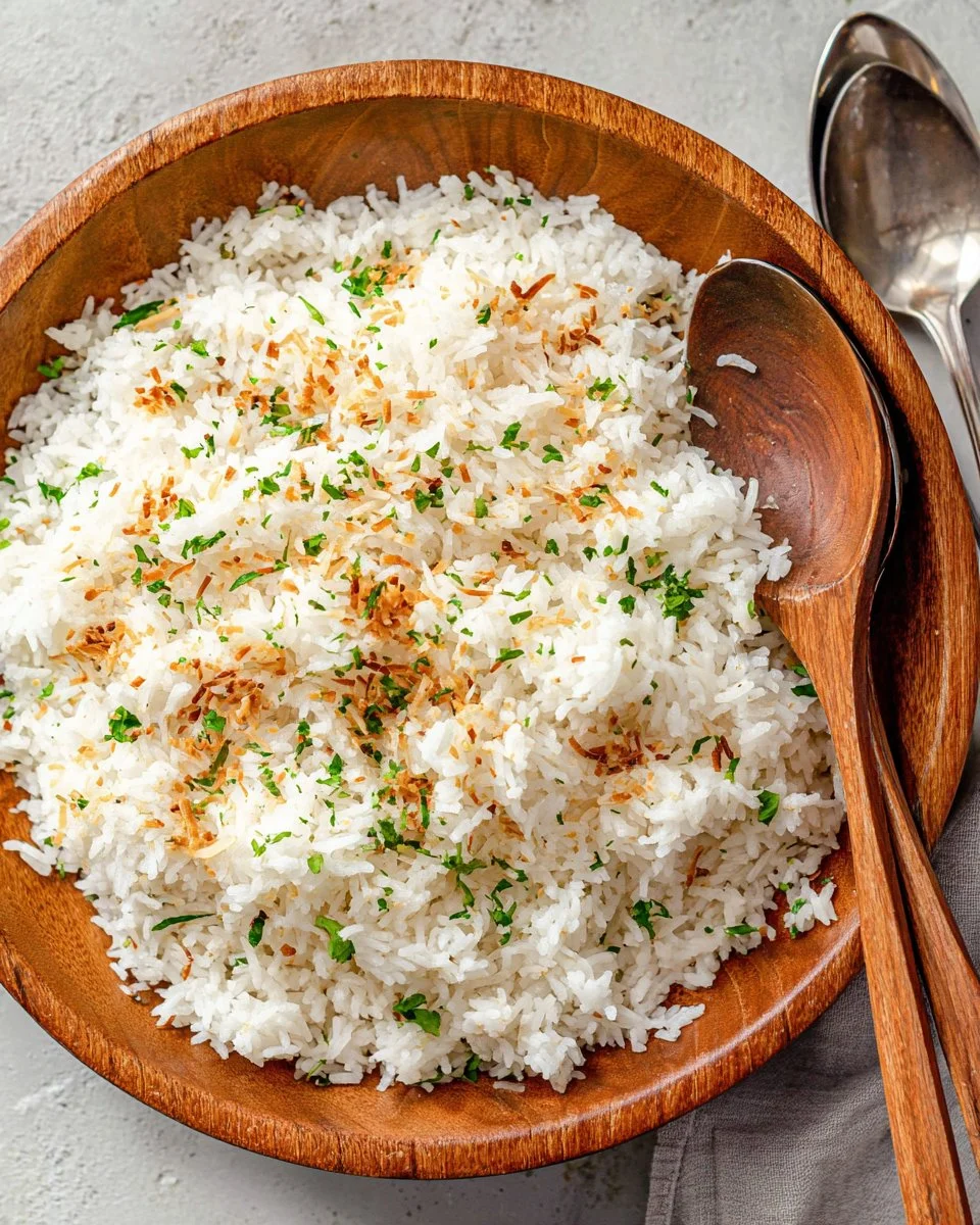 Delicious bowl of Coconut Rice garnished with fresh herbs and served in a coconut shell.