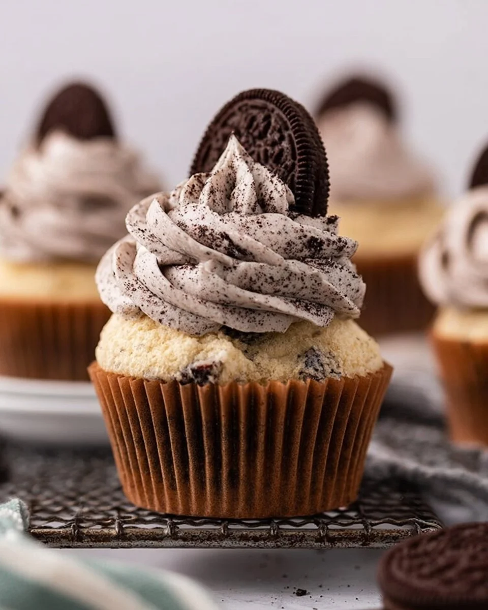 Delicious Cookies and Cream Cupcakes topped with Oreo crumbs
