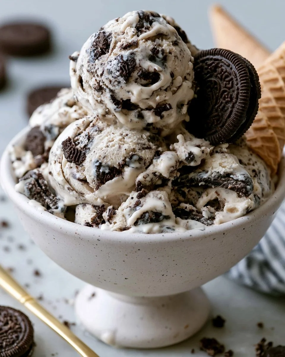 Delicious Cookies and Cream Ice Cream topped with chocolate cookie crumbles