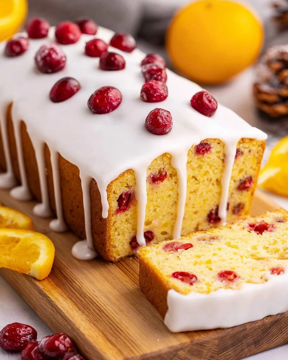 Loaf of freshly baked Cranberry Orange Bread with cranberries and orange zest.
