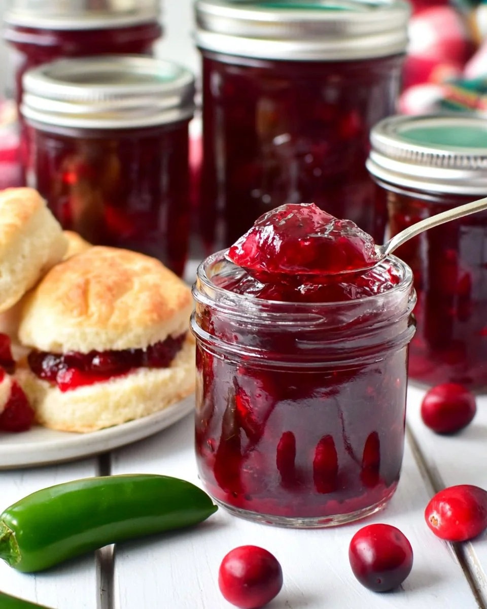 Jar of homemade cranberry pepper jelly on a wooden table