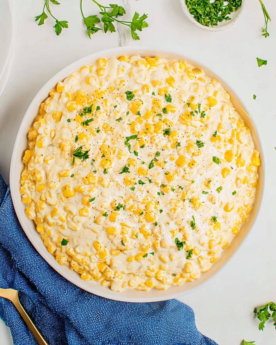 Delicious serving of homemade creamed corn with a creamy texture and vibrant flavor.