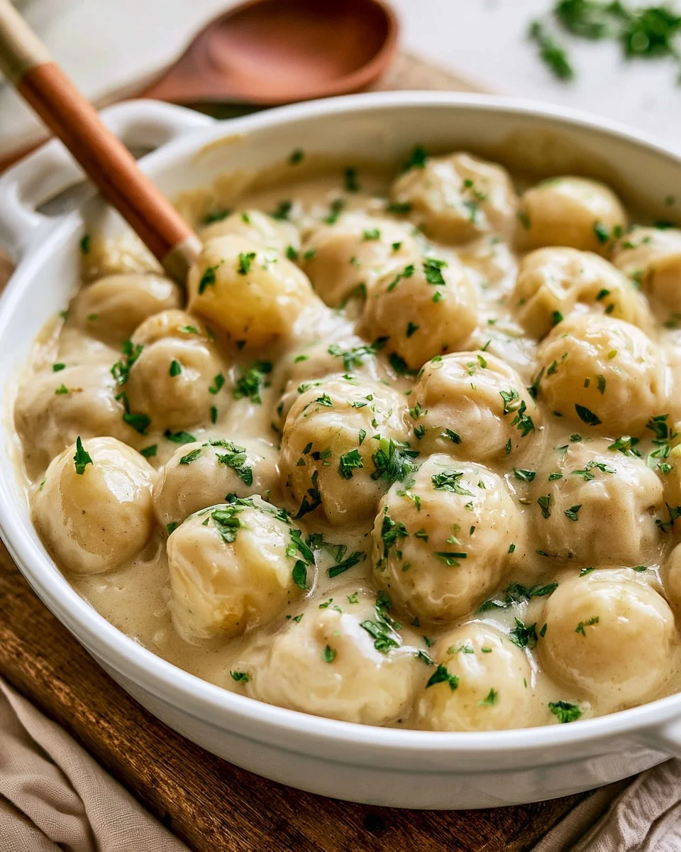 Creamed onions dish served in a bowl with a creamy sauce and herbs