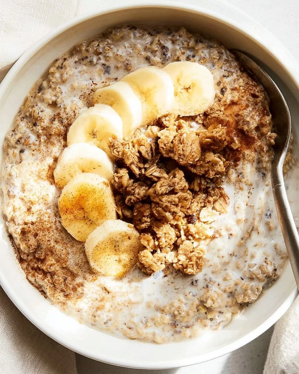 Bowl of creamy cinnamon overnight oats topped with fruits and nuts