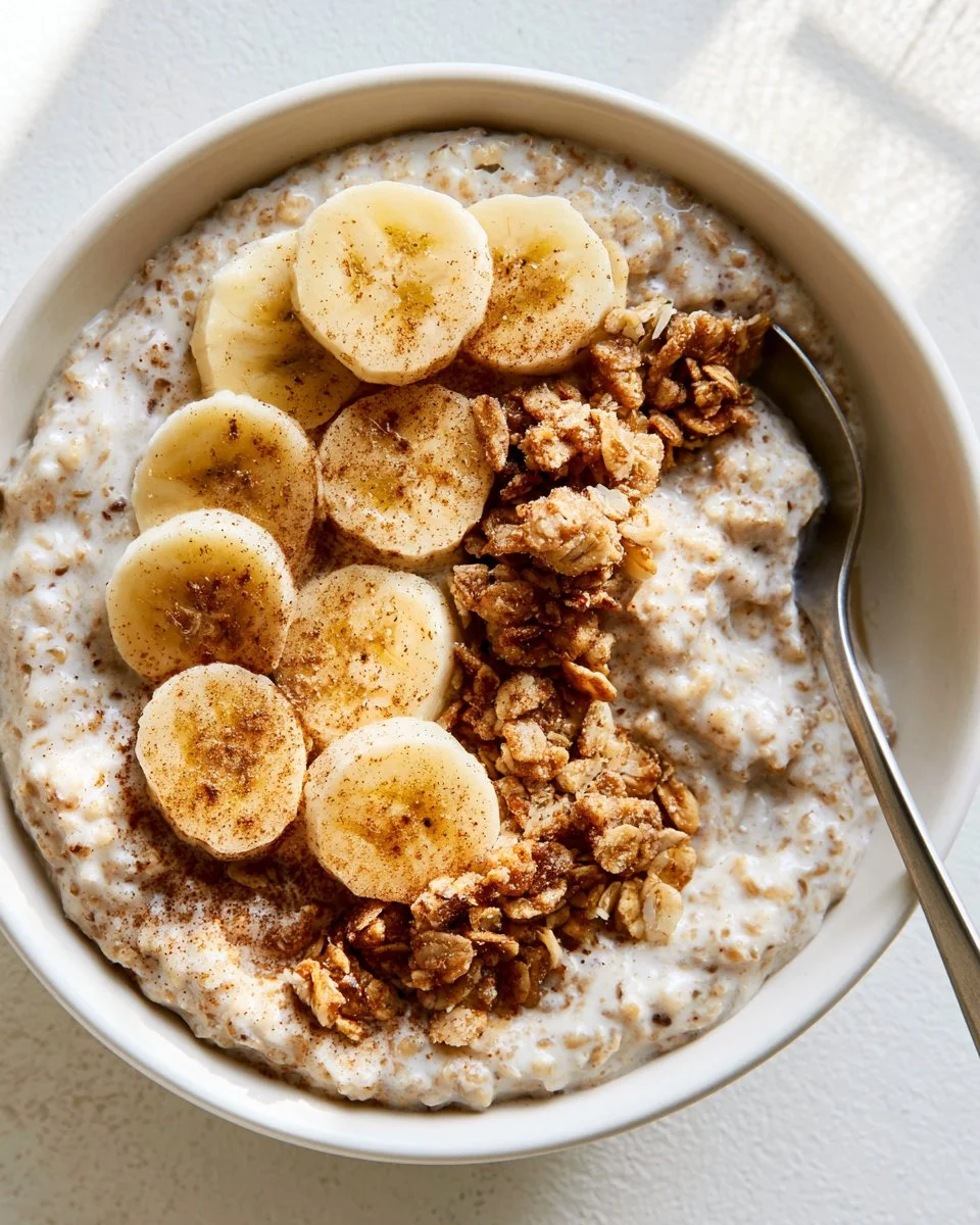 Bowl of creamy cinnamon overnight oats topped with fruits and spices