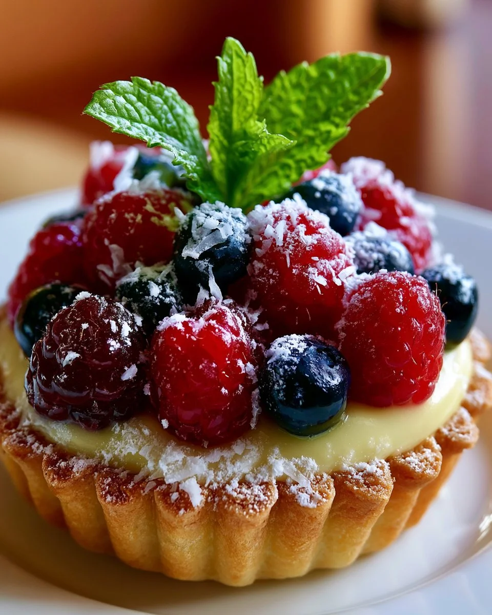Creamy coconut custard tarts topped with fresh berries on a dessert plate.