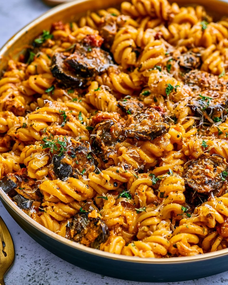 Creamy eggplant pasta served in a bowl with fresh herbs and cheese