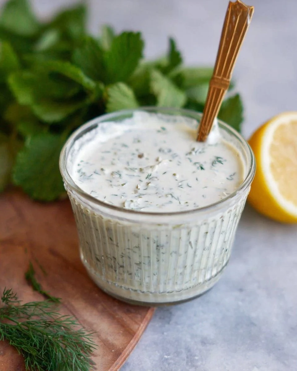 Vegan creamy herb yogurt dressing drizzled over a fresh salad