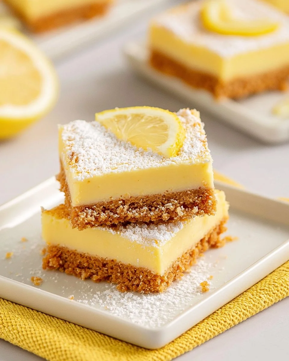Creamy lemon icebox bars topped with whipped cream, garnished with lemon slices