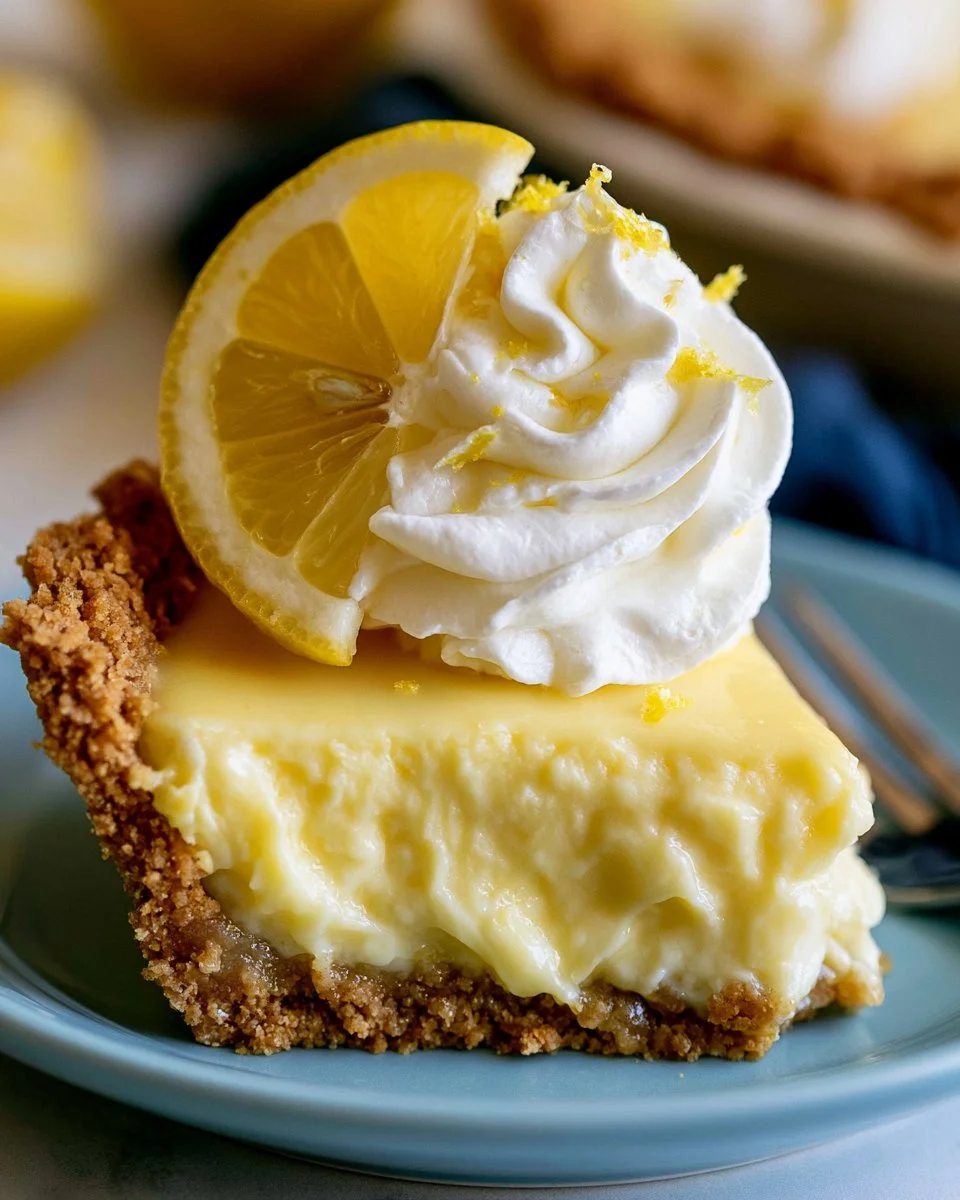 Slice of creamy lemon pie topped with whipped cream and lemon zest