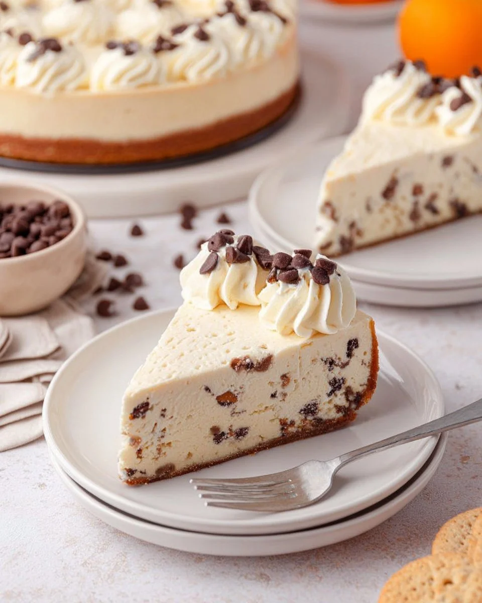 No-bake cannoli cheesecake topped with chocolate chips and pistachios.
