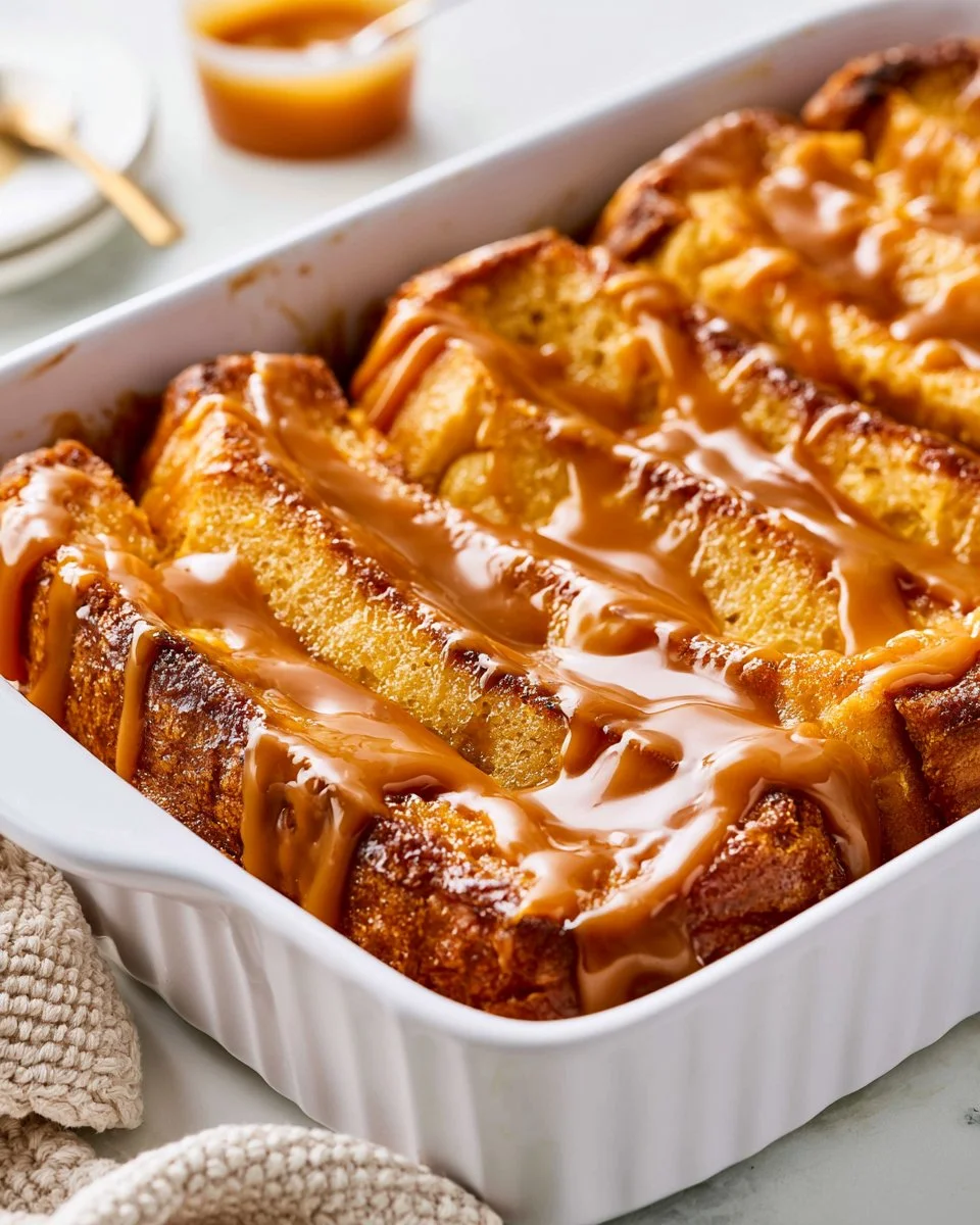 Delicious Crème Brûlée French Toast Casserole served in a dish