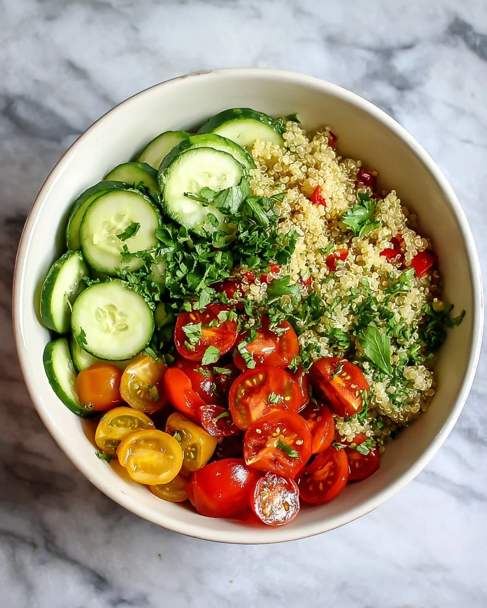 Cucumber and Tomato Quinoa Salad with fresh ingredients in a bowl