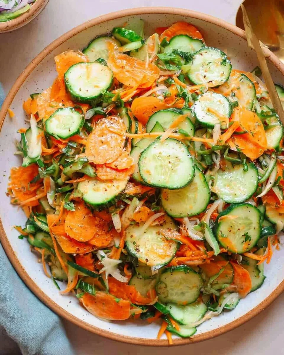 Fresh cucumber carrot salad with dressing in a bowl