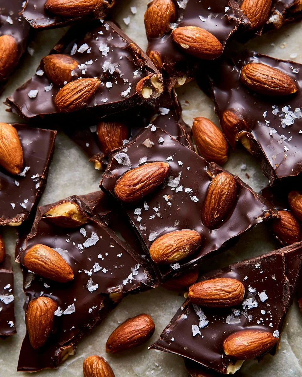 Delicious dark chocolate almond bark with almonds and cocoa.