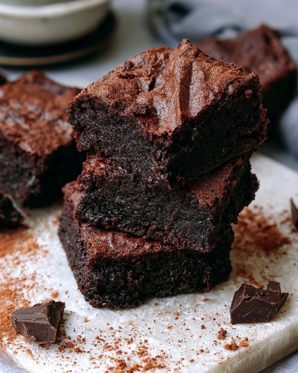 Deliciously rich dark cocoa brownies on a wooden plate