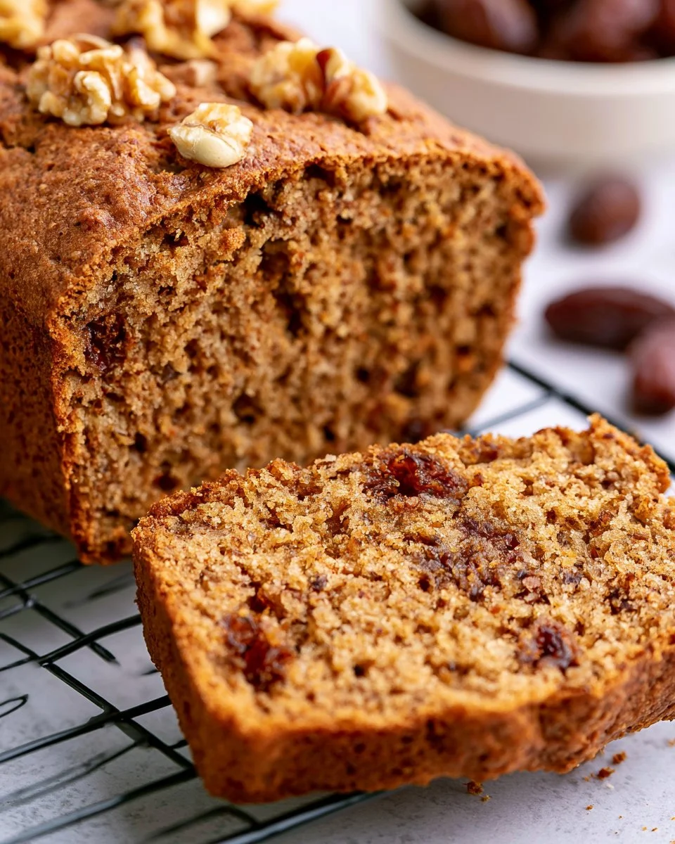 Freshly baked Date Nut Bread with walnuts and dates on a wooden table