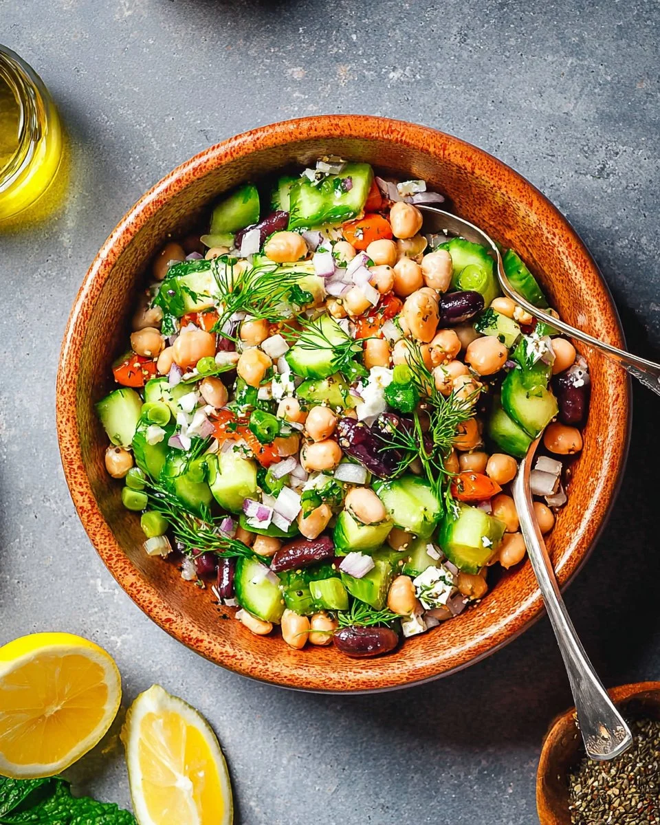 Colorful dense bean salad with a variety of beans and fresh vegetables
