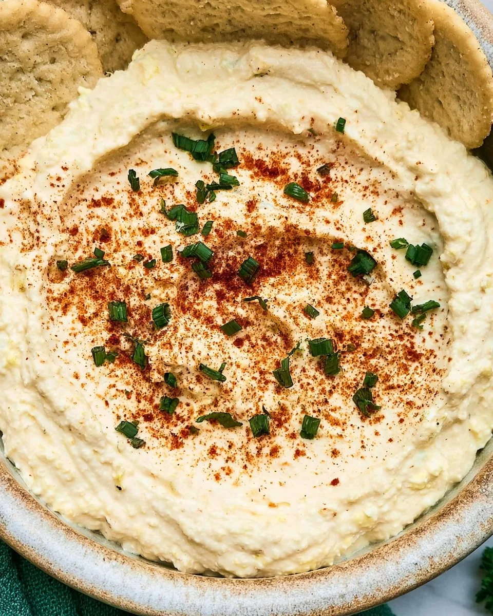 A bowl of creamy deviled egg dip garnished with herbs and served with crackers.