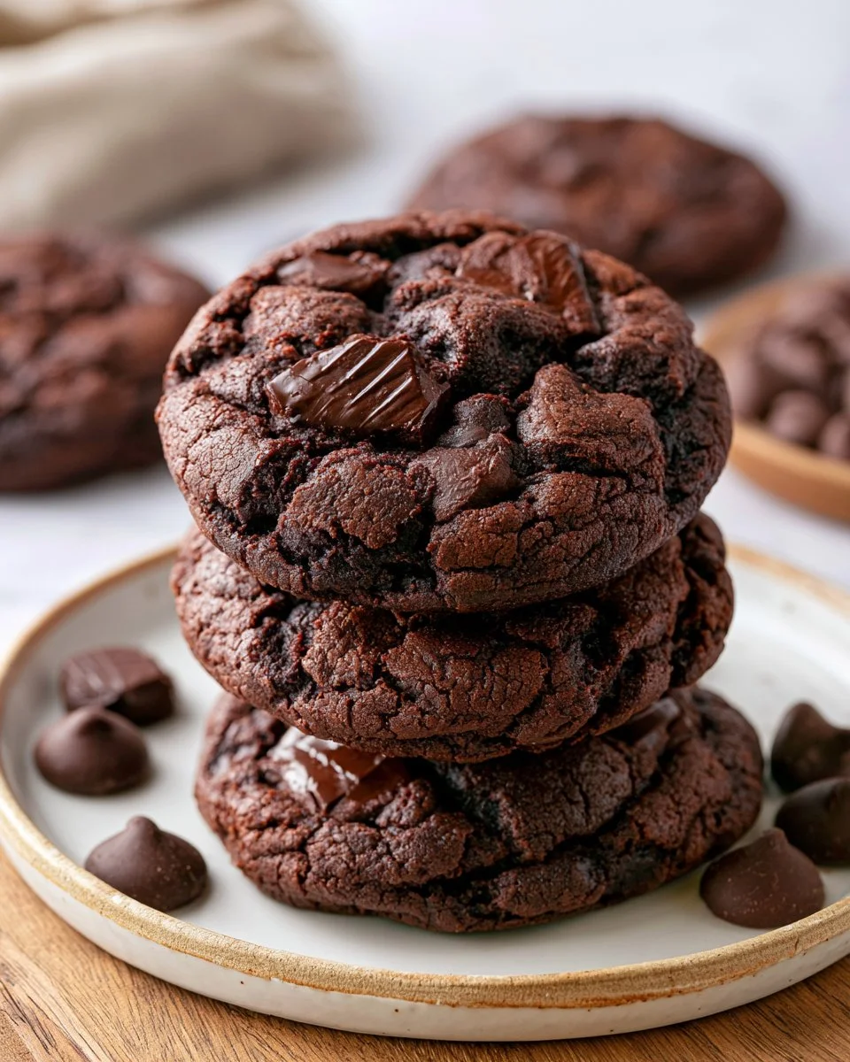 Delicious double chocolate chunk cookies with melted chocolate chunks