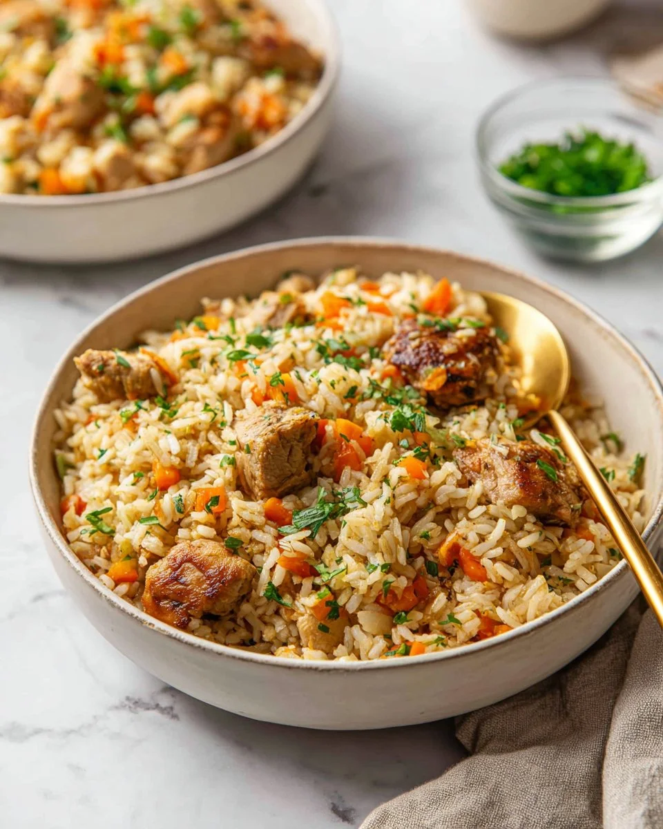 A delicious serving of Dutch Oven Chicken and Rice garnished with herbs
