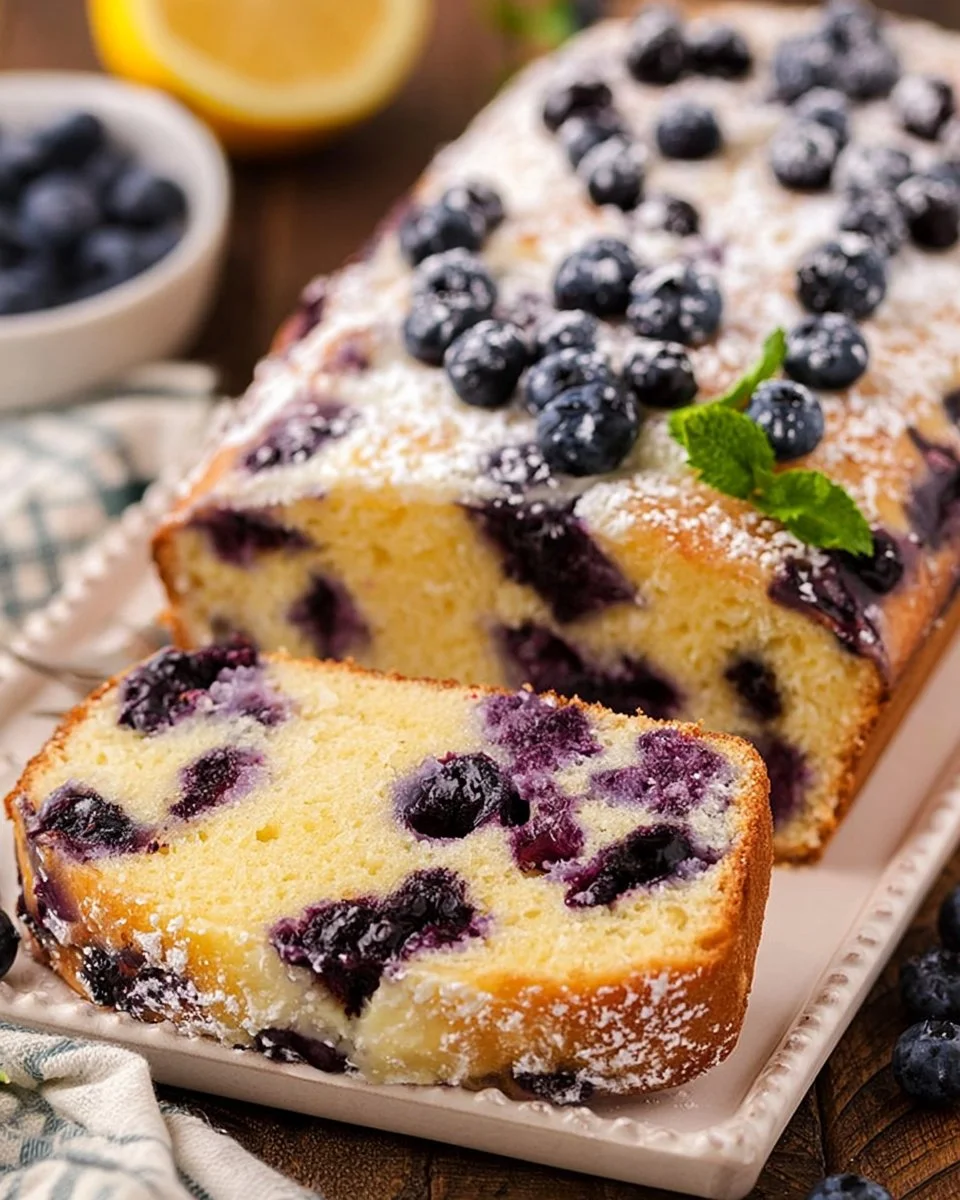 Slice of easy blueberry ricotta cake topped with fresh blueberries