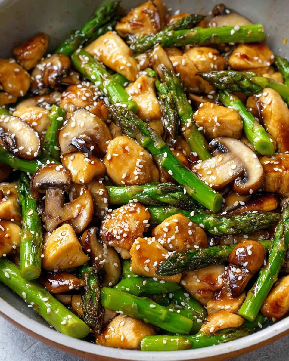 Delicious easy chicken asparagus stir fry served in a skillet with vegetables