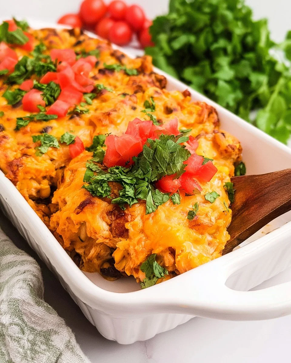 Easy chicken enchilada casserole topped with cheese and fresh herbs