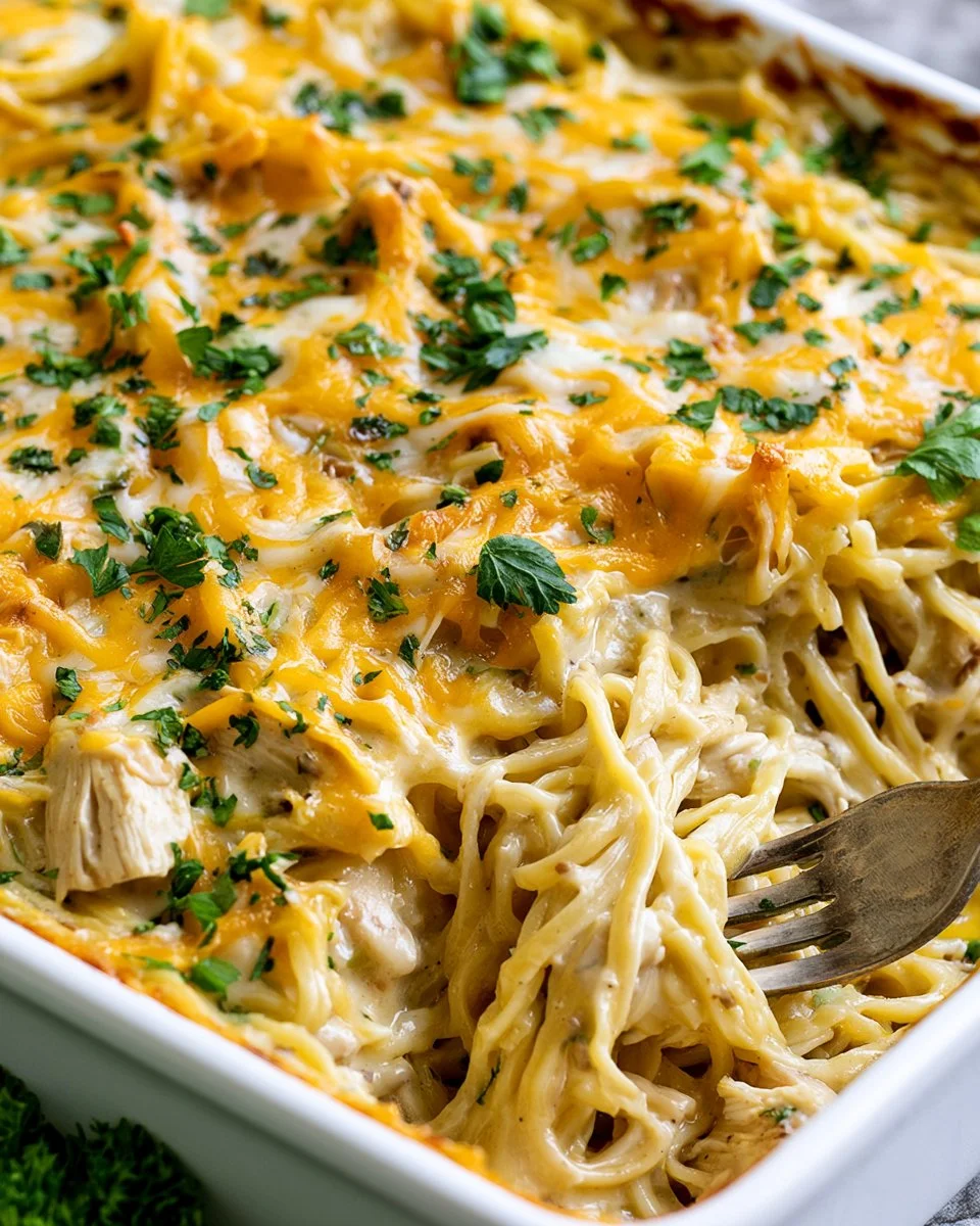 Delicious plate of easy Chicken Tetrazzini with mushrooms and pasta