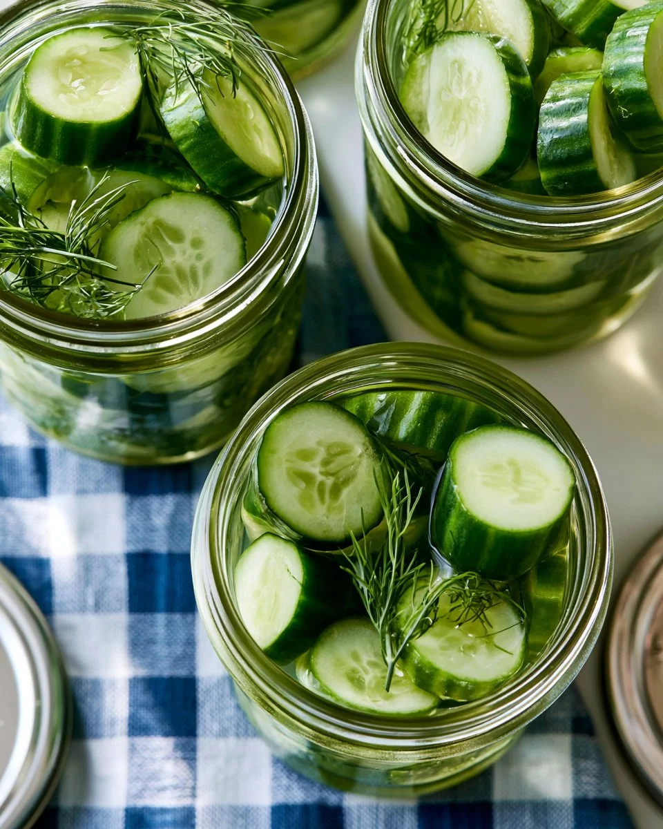 Jars of easy dill pickles for home canning on a kitchen counter